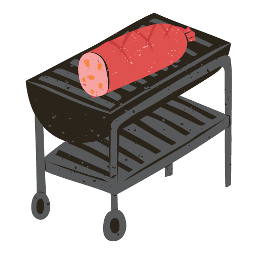 This graphic shows a barbeque grill with a big piece of pork sausage on it.