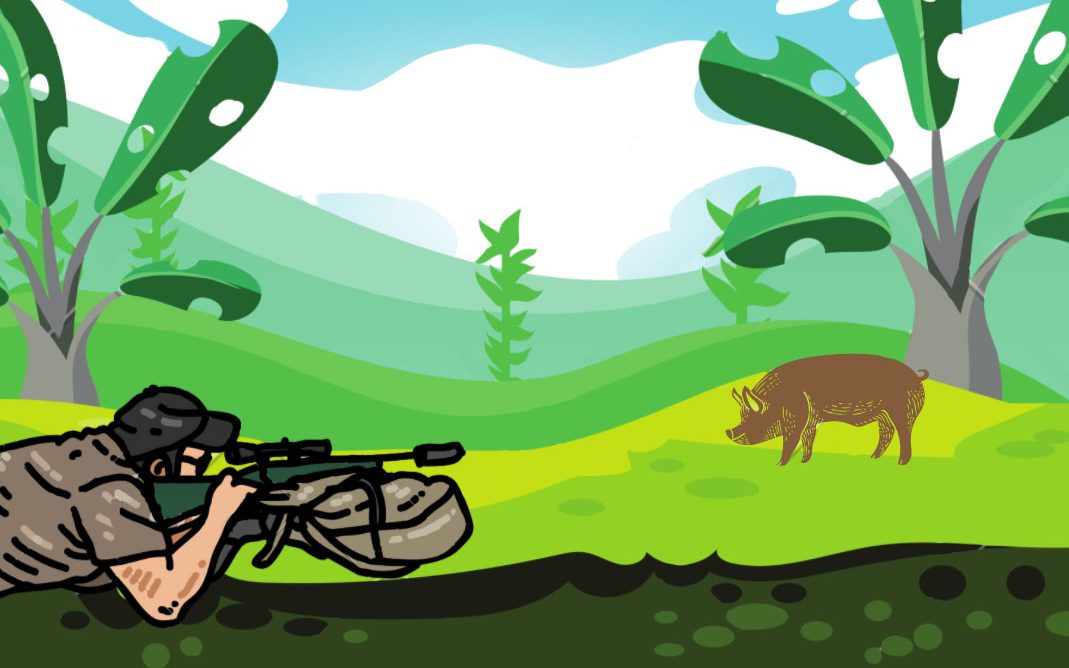 This is a graphic that shows a hunter getting ready for a kill shot on a wild boar.