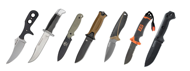 This picture shows various high-end hunting knives.