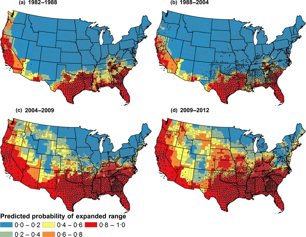 This is graphic showing the predicted probability of expanded wild boar range across America from 1982-2012.