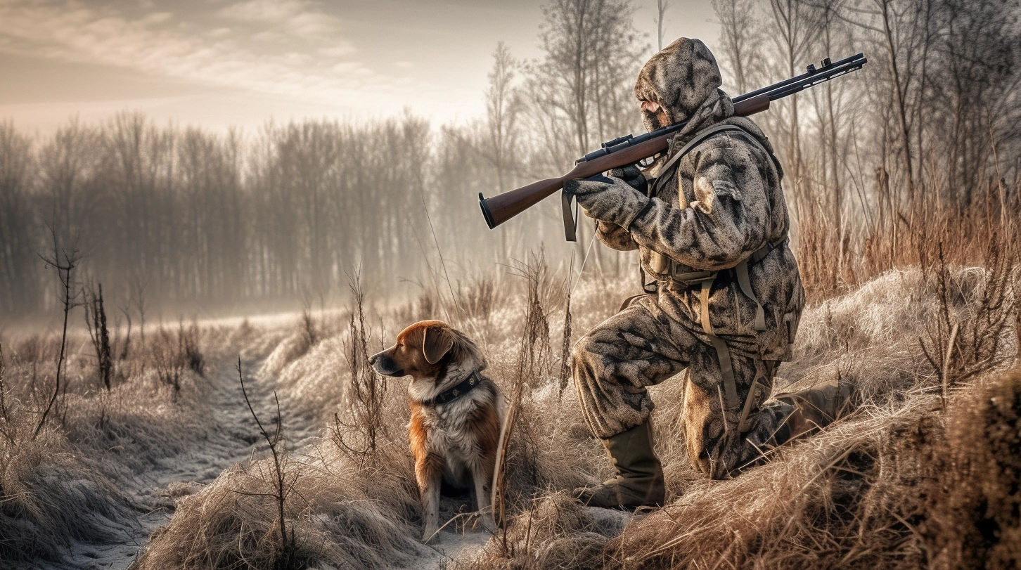 man with dog in winter hunting